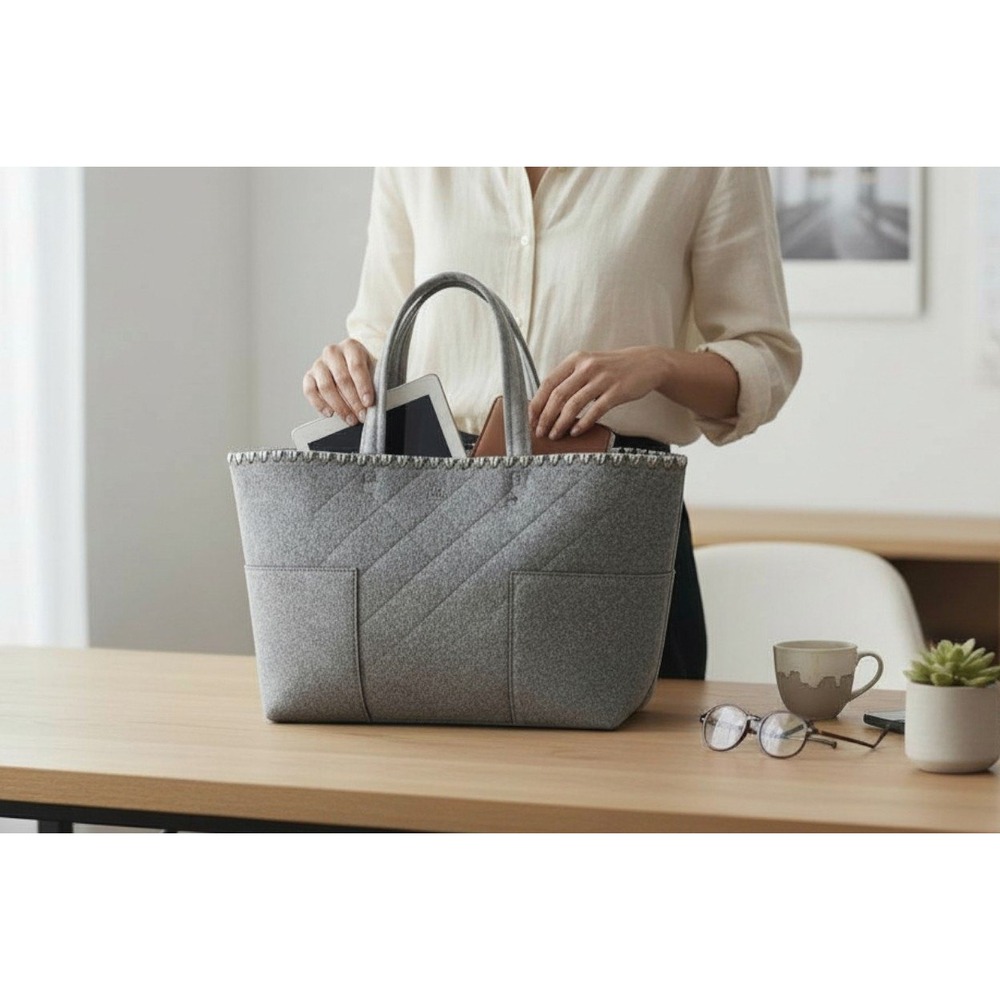 Tory Burch Block-T Felt Tote Grey/silver Style #31107
